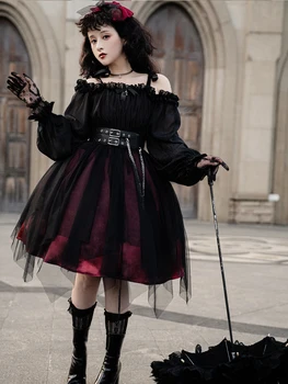 Lolita Šaty Halloween Jednoduché Gothic Goth Kompletní Sadu Op Černá Off Rameno Šaty Ženy Vysoké Pasu Dlouhý Rukáv Ok Princezna Šaty