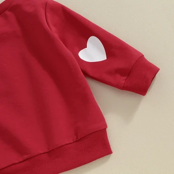 Batole Dívka Valentine Den Šaty Dopis Tisk Dlouhý Rukáv Topy Pase Srdce Vzor Kalhoty Oblečení