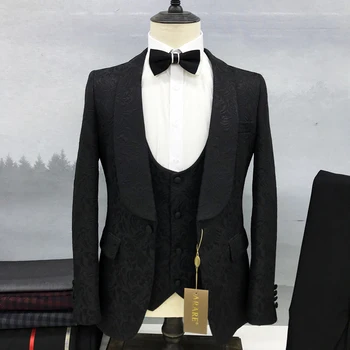 Muži Oblek pro Svatební Luxusní Bunda Vesta Kalhoty Tři Kus Bílý Černý Šál Klopě Single Breasted Slim Fit Blazer Custom Made