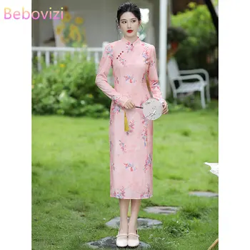 Retro Zlepšila Růžové Cheongsam Ženy Podzim Nové Robe Chinoise Dlouhé Rukávy Tradiční Čínské Qipao Šaty