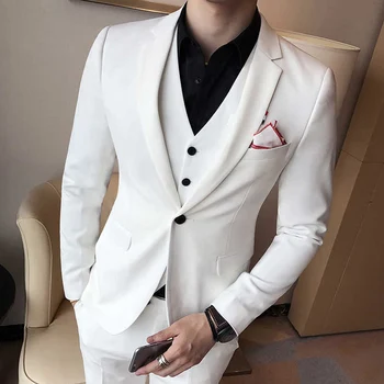 Bílá Slim fit Muži Obleky pro Přítel 3 kus Vlastní Ženich Smokingu s Zářezem Klopě Muž Módní Kostým Sako Vesta Kalhoty s