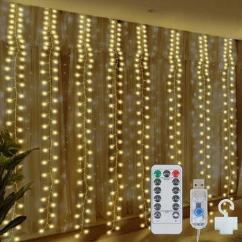 500LED Vánoční String Světla Cluster Žabka Opony Světlo USB Dálkové Ovládání Garland Lampa Pro Home Holiday Party Dekor
