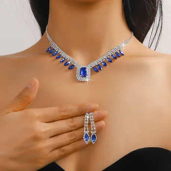 FYUAN Luxusní Modrý Krystal Náhrdelník Náušnice Pro Ženy Geometrické Čtvercový Přívěsek Svatební Nevěsta Šperky Sady Příslušenství
