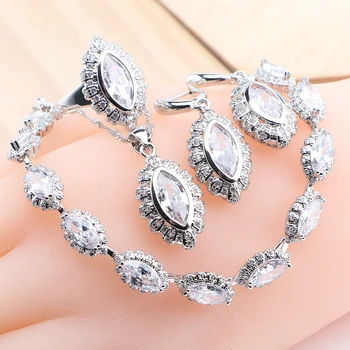 Bílé Zirkony 925 Sterling Silver Šperky Sady Pro Ženy, Svatební Náušnice, Prsteny, Náramky Přívěsek Náhrdelník Set