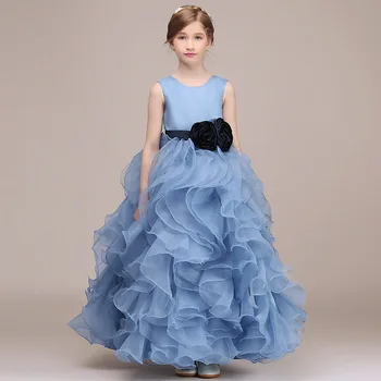 Luxusní Formální Narozeniny Květina Dívka Šaty Pro Svatby, Děti, Modré Volánky Organza Princezna Šaty První Svaté Přijímání Slavnost