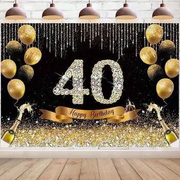Černé Zlato Happy 40 Narozeniny Pozadí Hurá do 40 Let na Pozadí Zlato Diamond Banner Balóny Champagne Party Dekorace