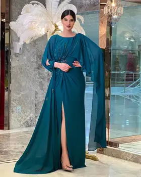 Santorini Saúdské Arábii Ženy Nosí Dlouhé Rukávy Večerní Šaty Korálky Ruched Vestidos De Noche Boční Štěrbinou Prom Party Šaty