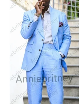 Vlastní módní Světle modré svatební obleky, muži formální ženicha obchodní párty smoking klasiky mužské ples baby blue blazer bundy, kalhoty