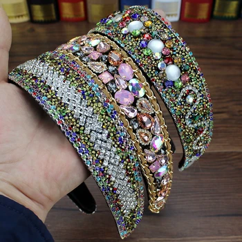 Širokoúhlý Full Crystal Stone Barokní Čelenky Luxusní Diamante Hairbands Pro Ženy Drahokamu Vlasy Šperky Družička Čelenka