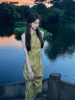 Zelená Cool Cheongsam Qipao Šaty pro Ženy, Mladé Letní Víla Chinoiserie Rameno Ořezávání Modifikované Šifónové Šaty pro Ženy