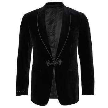 Černé Sako Sametový Šál Klopě Jeden Kus Kabát Slim Fit Kostým Pravidelné Délka Formální Kancelářské Oblečení Luxusní Pánské Obleky Oblečení
