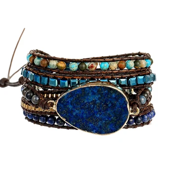 Unisex Vintage Ručně tkaný Přírodní Lapis Lazuli Druzy Hematit Korálek, Smíšený 5 Zábal Energie Vícevrstvé Náramek Šperky pro Dárek