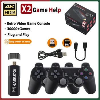 X2 Retro Herní Konzole, Video Hry Stick Emuelec4.3 Systém GD10 Bezdrátový Ovladač 64GB Vestavěné 30000 Hry/PS1/GB Vánoční Gif