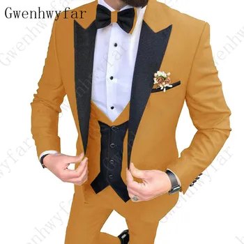 Gwenhwyfar 2023 Klasické Pánské Obleky pro Svatební Elegantní 3 Ks Pánské společenské Obleky Set Žlutá Fialová Gentleman Pánské Šaty, Obleky