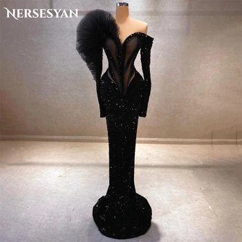 Nersesyan Luxusní Černé Třpytky Večerní Šaty Mořská Panna Bez Ramínek Dlouhé Rukávy Ples Šaty Flitry Svatební Party Šaty 2024