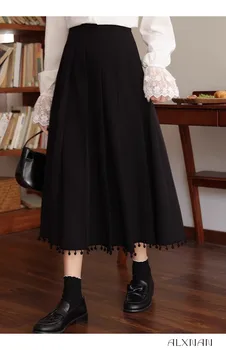 Černé-line Half-length Šaty Pro Ženy Podzim Nové Dojíždějící Vysokým Pasem Skládaná Sukně Vintage Elegantní Design