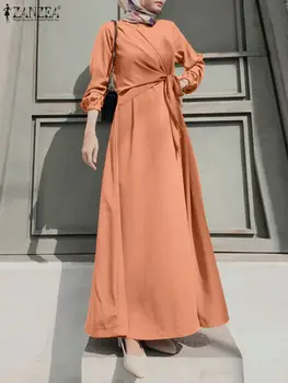ZANZEA Módní Muslimské Šaty Elegantní Ženy Dlouhý Rukáv Krajky Ležérní Elegantní letní Šaty Robe Femme Pevné Turecko Hidžáb Abaya Vestido