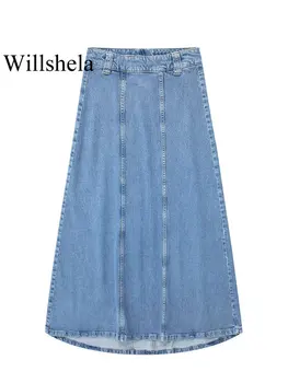 Willshela Ženy Módní Džínové Modré, Zadní Zip Midi Sukně Vintage Vysokým Pasem Ženské Elegantní Dáma Dlouhé Sukně