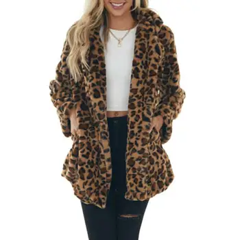 Leopard Print Kabát Leopard Tisk Plyšový Kabát pro Ženy Elegantní Větruodolný Střední Délka Kabát s Kapsami Klopě Dlouhý rukáv