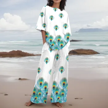 Boho Beach Oblek Pro Ženy Módní Kulatý Výstřih Krátký Rukáv Květinové Tisk T Tričko Top S Ležérní Volné Kapsy Kalhoty Dva Dílná Sada