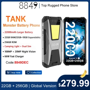 8849 Tím, Unihertz Tank 22000mAh Vodotěsný Smartphone 22GB 256GB 108MP G99 Noční Vidění Mobil Android 12 Mobilní Telefon