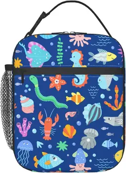 Ryby Sea Ocean Zvíře Roztomilý Kreslený Oběd Bag Modré Izolované Opakovaně použitelné Oběd box Vodotěsné Přenosné Tote pro Kluky, Dívky, Dospělé