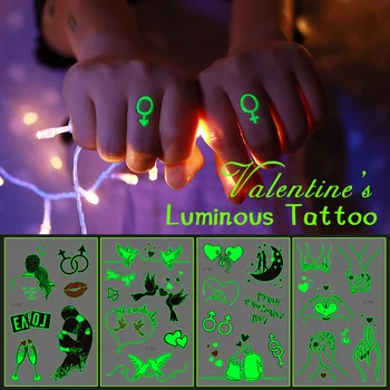 Vodotěsné Dočasné Svítící Tetování Nálepka Láska Srdce, Pár Diamantový Prsten Zářící V Temné Tetování Falešné Tetování pro Děti, Ženy, Muži
