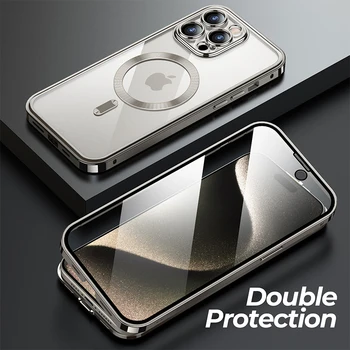 Pro iPhone 15 14 Pro Max 360 ° All Inclusive ochranné prostředky Případě Magnetické Bezpečnost Bezdrátové Nabíjení Hliníkové Slitiny Ochranné Případy