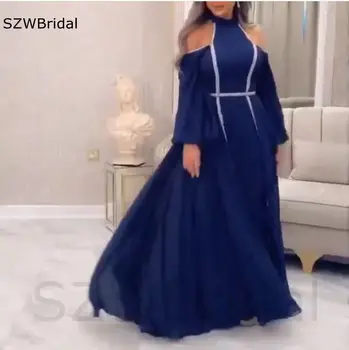 Nové Příjezdu Šifon Tmavě Modré Večerní šaty pro ženy party Vysoká Krk Dlouhý rukáv Večerní šaty Vestidos de fiesta