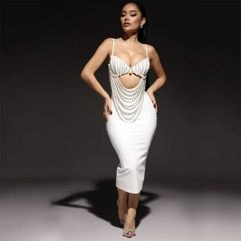 Nové Dámské Sexy Bez Rukávů Pearl Závěs Vrchní Těsný Obvaz Mini Šaty Svatební, Narozeninové Oslavy, Party Oblečení Longuette