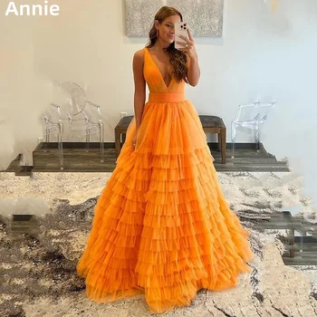 Annie Elegantní Oranžová Plesové Šaty Organza Multi-vrstva Večerní Šaty Sexy V-neck Formální Příležitosti Večírek 2023 Vestidos De Noche
