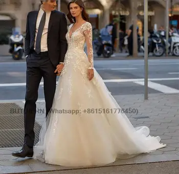 Luxusní Linka V Neck Svatební Šaty Pro Ženy 2023 Dlouhý Rukáv Svatební Šaty Nášivky Tlačítko Zpět Vestido De Novia