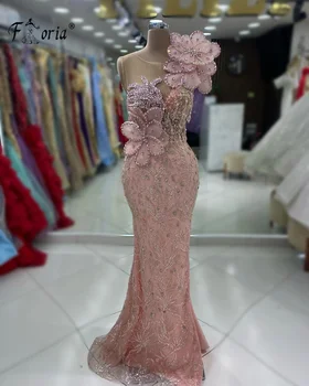 Růžová Mořská panna Večerní Šaty 3D Květinové Nášivky Ples Šaty Elegantní arabština Žena Svatební Party Šaty 2023 formální příležitosti šaty