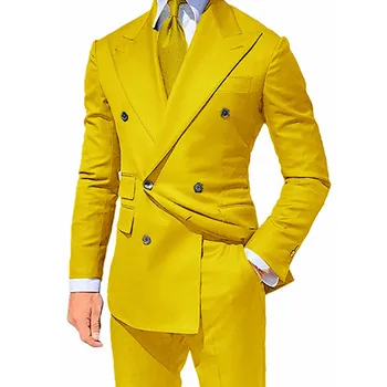 Žlutá Double Breasted Slim Fit Obleky pro Muže špičaté Klopový Vlastní 2 Ks Svatební Ženich Smokingy Mužské Módní Bunda s Kalhoty