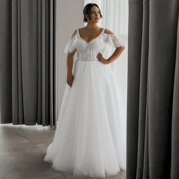 Plus Velikosti Svatební Šaty A-line Off-Rameno Tyl Krajky Nášivky Boho Svatební Šaty Svatební Šaty Vestido De Noiva