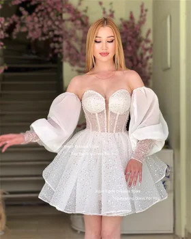 Xijun Třpytky Krátké Svatební Šaty Dlouhé Puff Rukávy Srdíčko Mini Třpytivé Svatební Šaty Dubaj Arabské Ženy Princezna Party Šaty