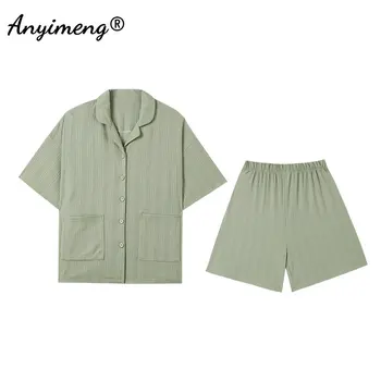 Dámské Plus Velikosti Pyžama M-5XL korejské Minimalistický Turn-down Límec oblečení na Spaní Letní Pletené Bavlněné Pyžama Ženy Solidní domácí oblečení