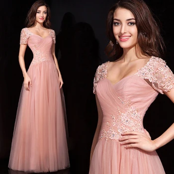 krátký rukáv vestido longo sexy dlouhé růžové nášivky tyl Formální šaty 2018 plesové šaty robe de soirée družička šaty