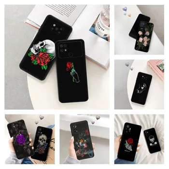 Černé Matné Telefon Pouzdro Pro Xiaomi Mi Poco X5 C55 C50 C40 X4 Pro X3 NFC M5 M4 5G F4 GT F3 M3 F1 M5 Lebka Červená Růže Umění Měkký Kryt