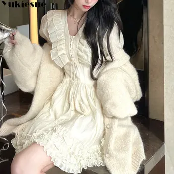 V-krk korejský Styl Princezna Šaty Podzim Design Elegantní Dámské Šaty Večírek, Sladké Prohrábnout Víla Mini Šaty Léto Sexy Ženy